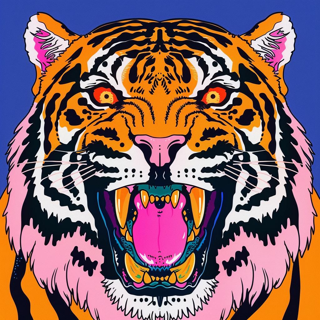 tiger  snarling  blue  background  wildlife  illustration  fierce  predator  colorful  art 1021643