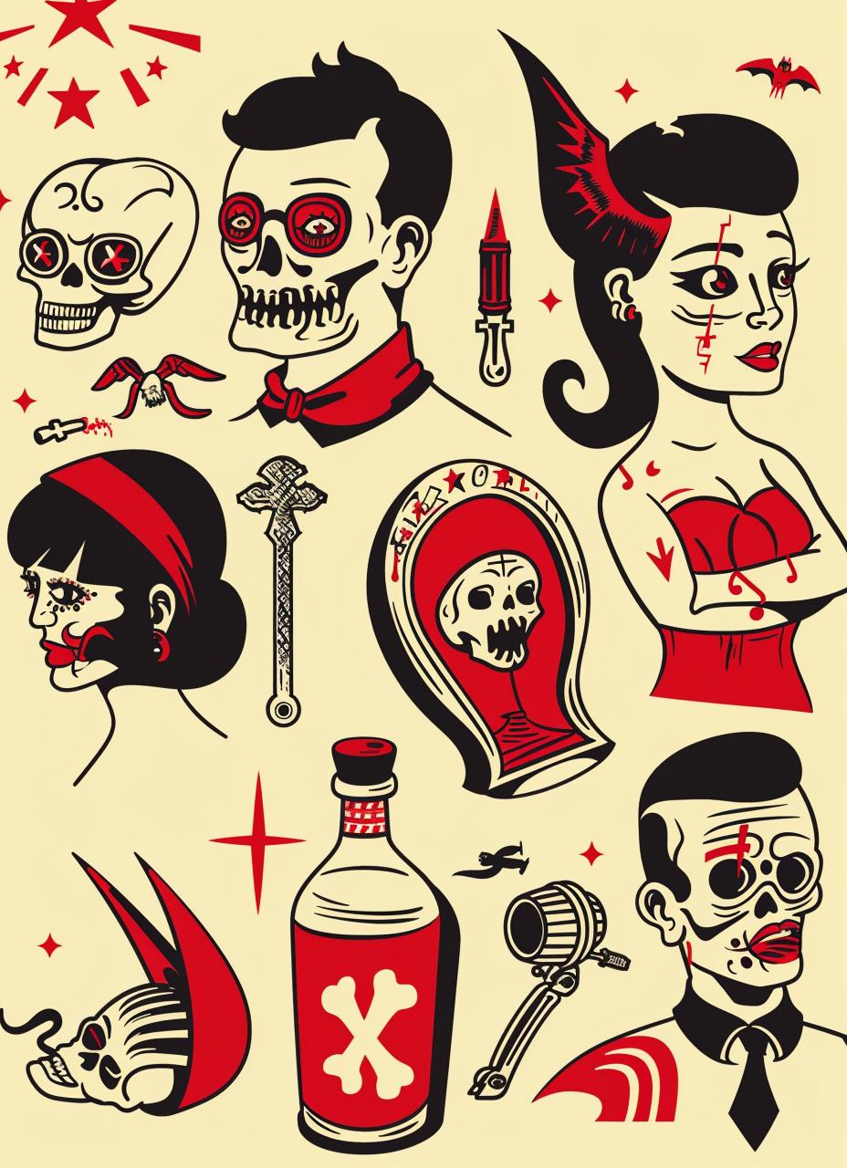 skull  illustration  tattoo  art  rocknroll  horror  decal  design  collection  set 943251