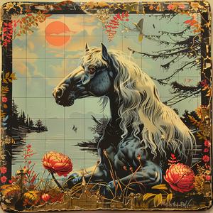 horse  field  flowers  sitting  chromolithography  nature  color  artwork  landscape  animals 1050425
