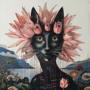 painting  black  cat  flowers  head  color  nature  art  whimsical  bright 1073715