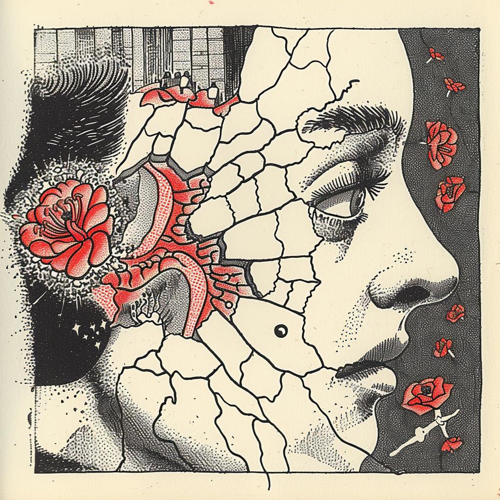 Bauhaus  Ukiyo-e  surreal  flowerpunk  chaos  Risograph  Symbolist  hyper-realistic  shattered  glass 916282