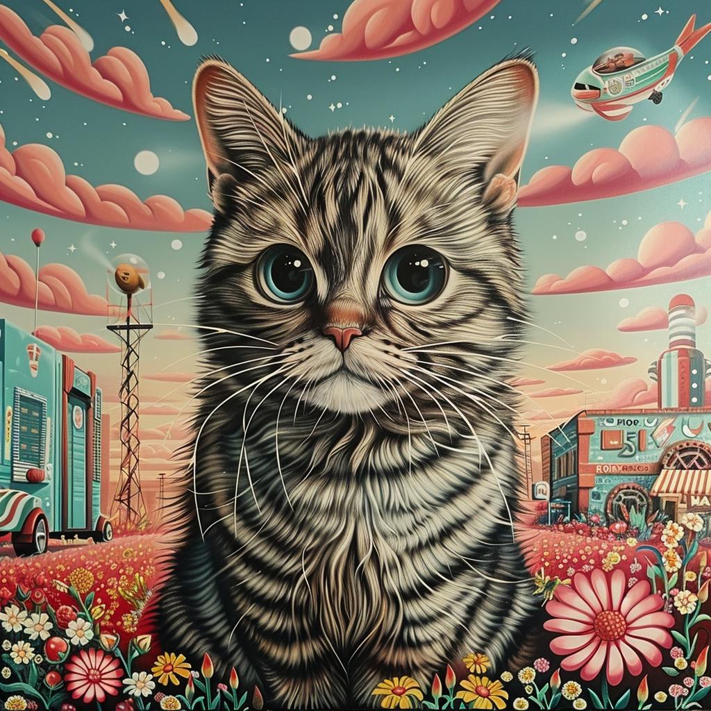 tabby  cat  flowers  field  whimsical  colorful  nature  playful  animal  artwork 1034042