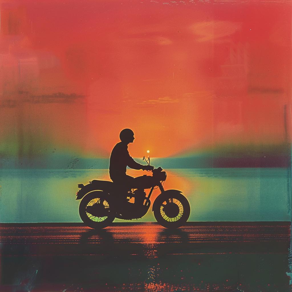 surreal  neon  motorcycle  silhouette  sunset  creative  album  cover  vibrant  lights 962584