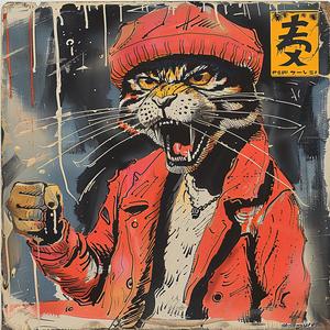 cat  red  jacket  hat  whimsical  playful  portrait  animal  colorful  painting 1079299