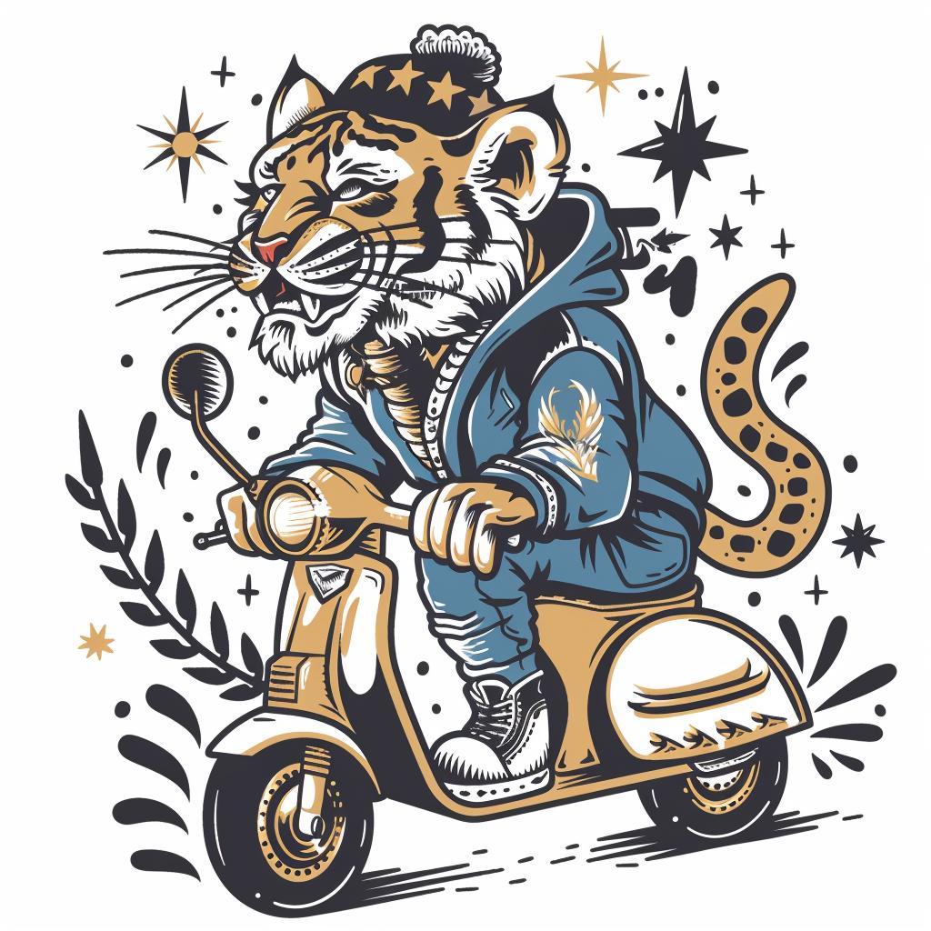 tiger  scooter  jacket  hat  playful  animal  fun  whimsical  colorful  cartoon 943385