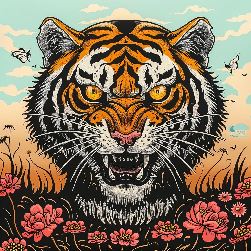tiger  wild  flowers  nature  colorful  animal  artistic  unique  vibrant  playful 1032907