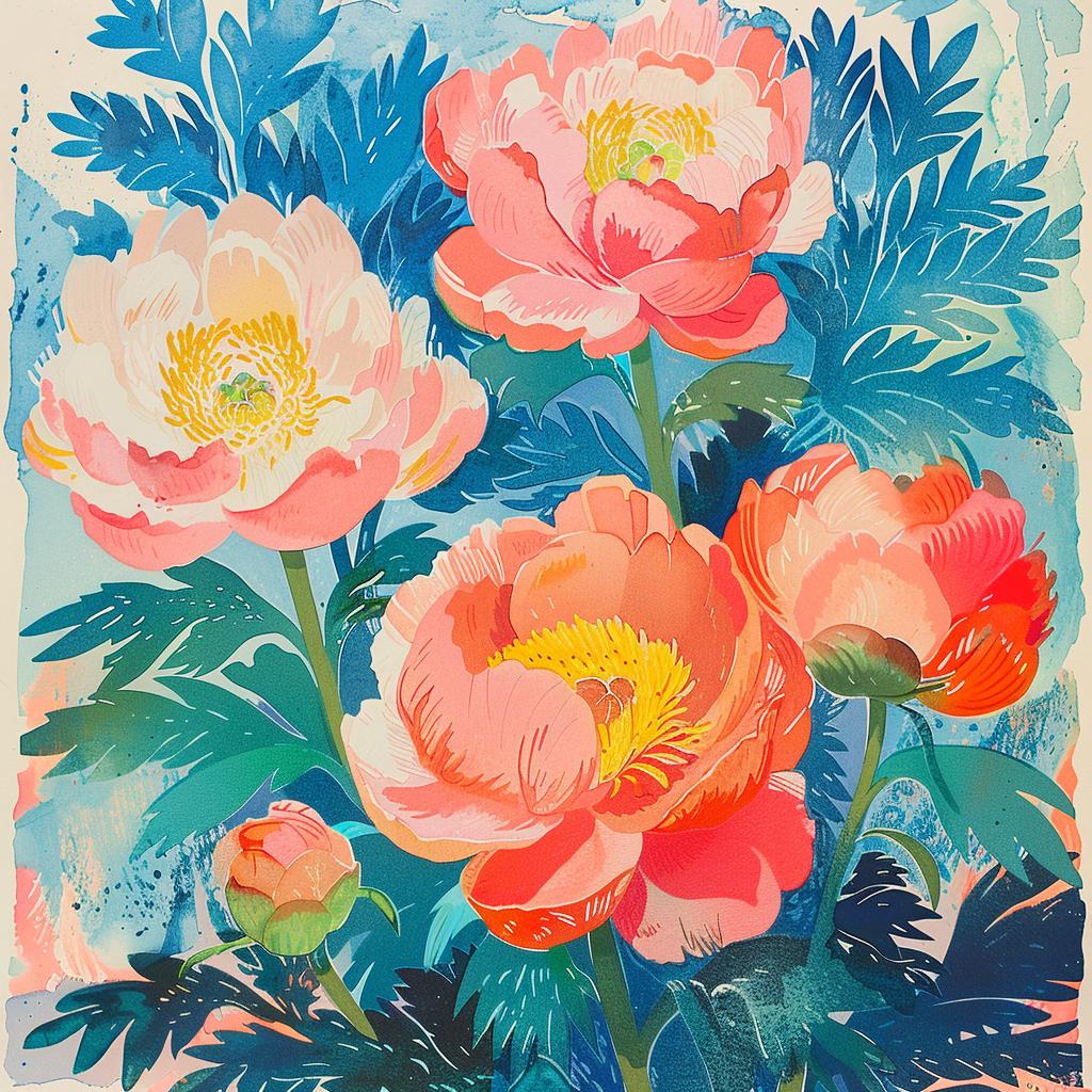 peonies  Risograph  Chinese  art  vibrant  blue  floral  colorful  nature  painting 970533