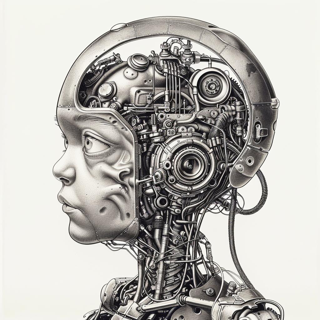 رسم تروس رأس روبوت، رسم ميكانيكي سايبورغ، خلفية بيضاء، رسم توضيحي، عمل فني رقم 944057
