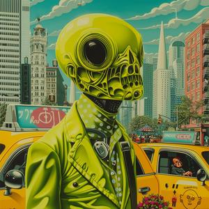 alien  taxi  chromolithography  surreal  urban  mask  suit  New York  humor  vintage 1037832