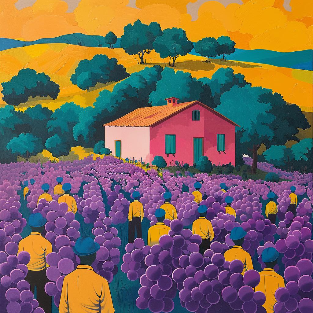 surreal  album  cover  grapes  wrath  painting  group  people  field  purple 1017515