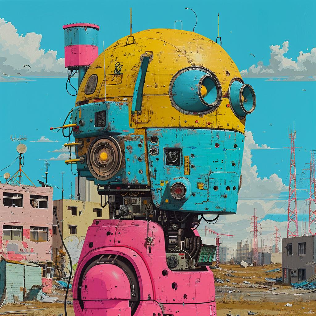 surreal  album  cover  hyper-realistic  screenprinting  robot  body  pink  blue  Os 960254