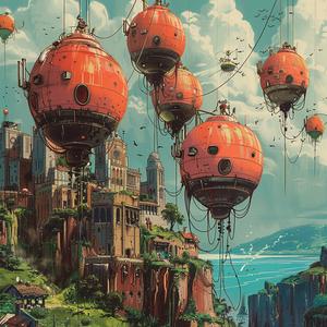 city  balloons  floating  painting  chromolithography  whimsy  urban  colors  festive  landscape 1060124