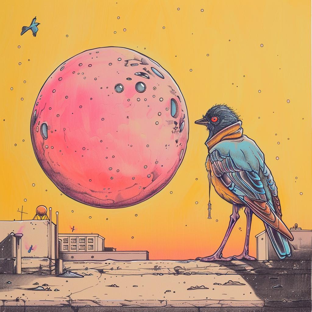 bird  roof  moon  pink  whimsical  quint  surreal  nature  dreamlike  illustration 929944