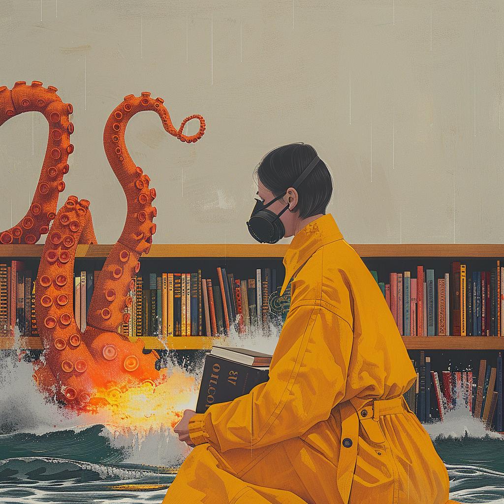 surreal  octopus  yellow  raincoat  man  whimsical  artwork  beach  sitting  illustration 1018144