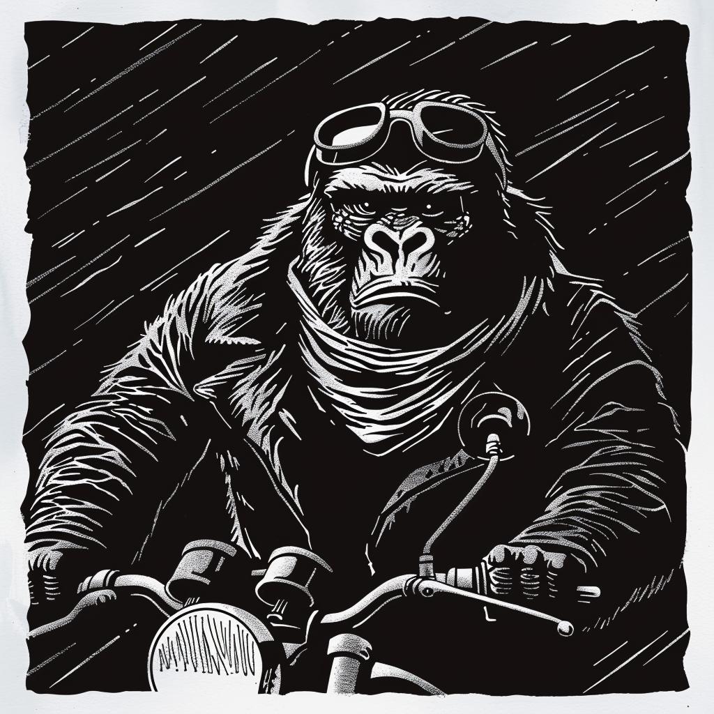 gorilla  anthropomorphic  goggles  scarf  motorcycle  rain  funny  cartoon  character  illustration 1025921