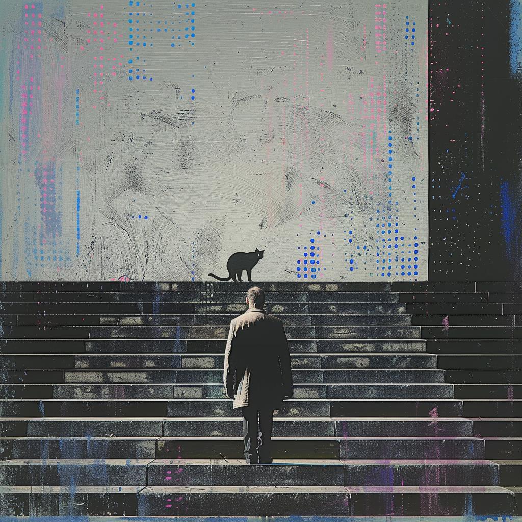 man  stairs  cat  shoulder  quint  buchholz  walking  whimsical  composition  animal 1020409