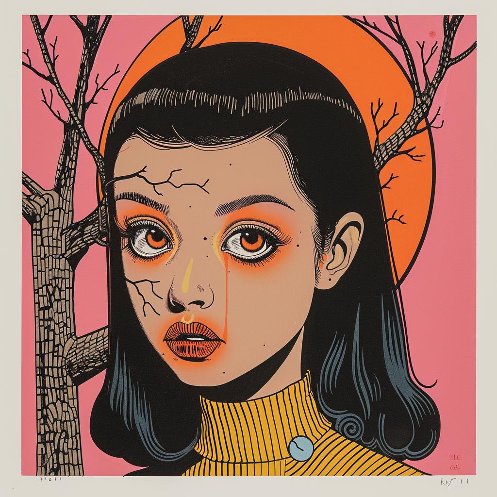 horror  novel  Japanese  minimalism  woman  black  hair  orange  eyes  illustration 1020287