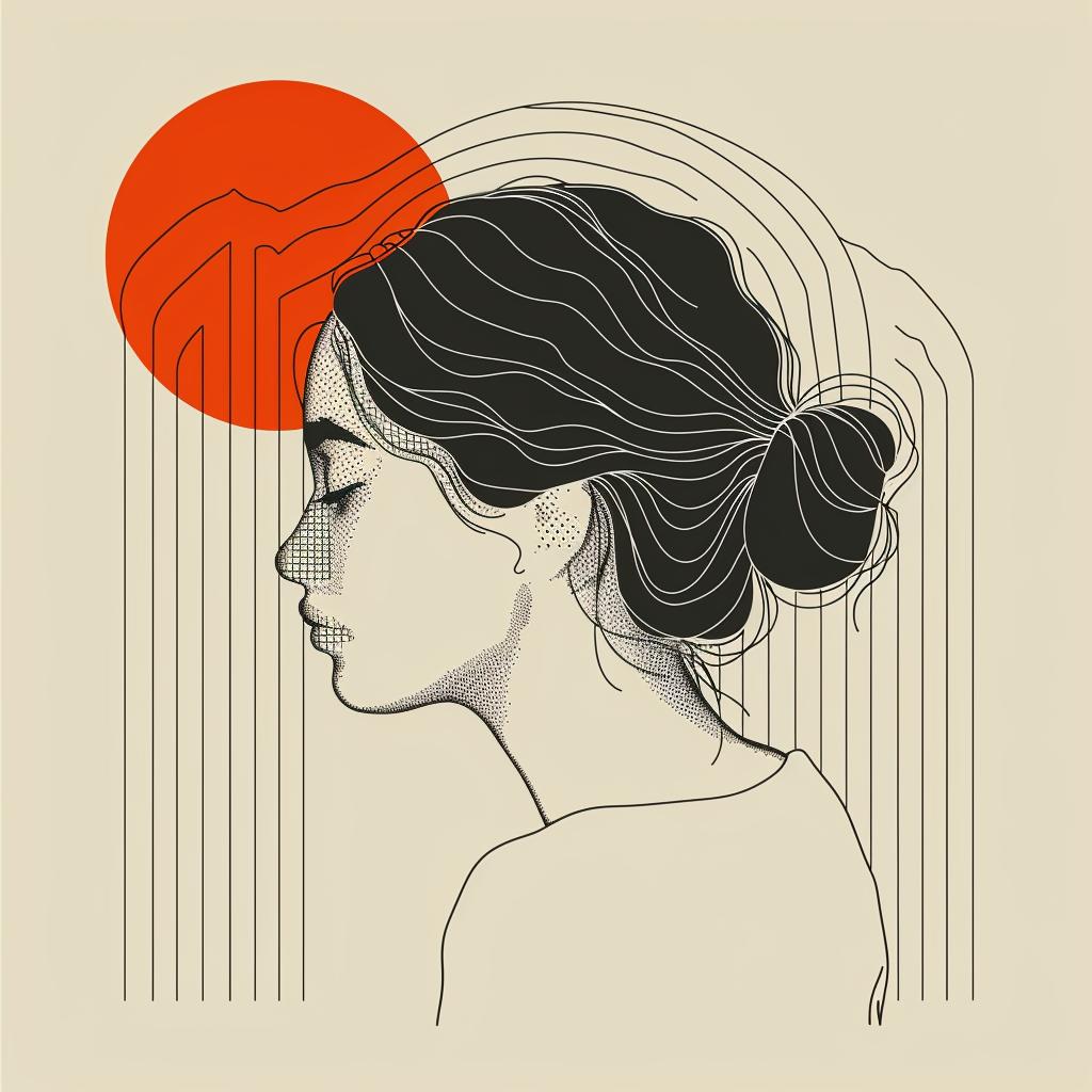 رسم متجهي لامرأة بوهيمية بسيطة، خلفية شمس، رسم خطي عصري 960067