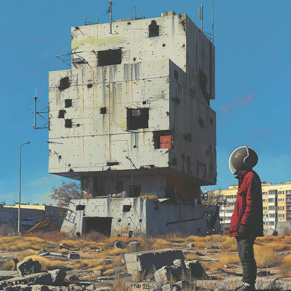 surreal  album  cover  hyper-realistic  screenprinting  man  rubble  building  Simon  Stalenhag 960263