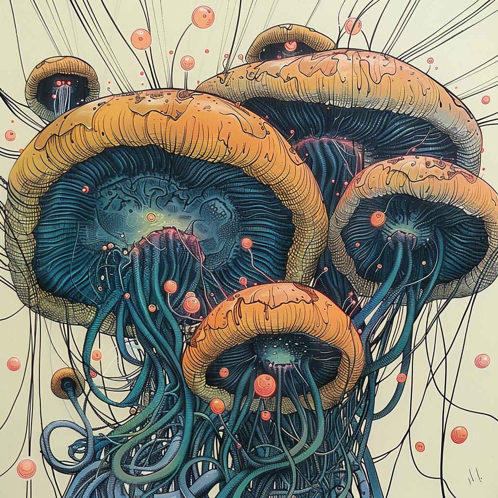 painting  mushrooms  large  head  blue  teal  encaustic  impasto  whimsical  nature 923685