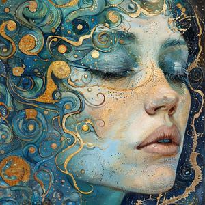 Art Nouveau  Surrealism  pointillism  swirls  gold  blue  mystical  woman  colors  ambiance 1077179