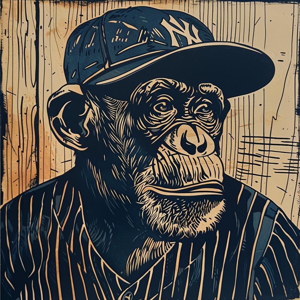 chimp  baseball  cap  uniform  anthropomorphic  playful  colorful  whimsical  sport  painting 1025770