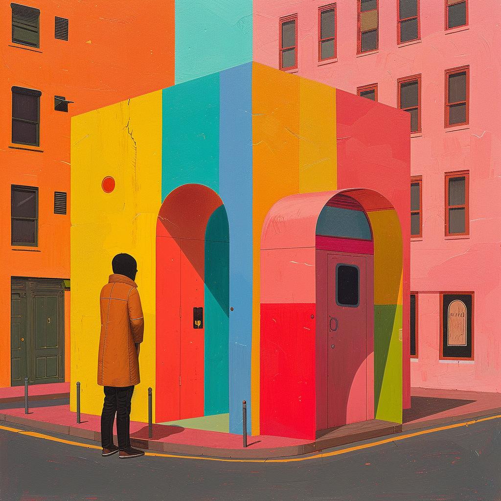 CREATIVE  SURREAL  album  cover  man  building  colorful  art  painting  scene 1017255