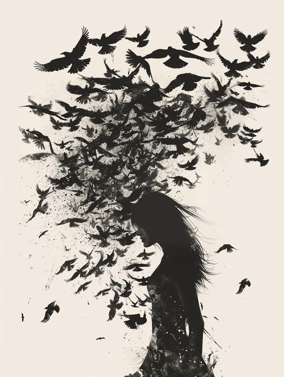 ravens  woman  silhouette  birds  flying  air  dark  mystical  tall  thin 953768