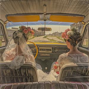 married  couple  car  back  seat  brides  old  wedding  veil  joy 1037169