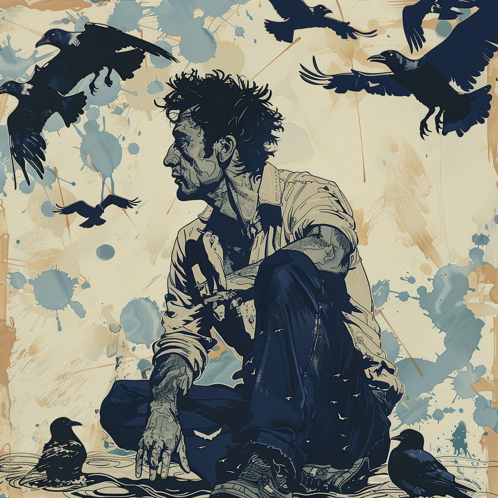 man  birds  sitting  navy  cream  art  illustration  surreal  vector  stylized 918097
