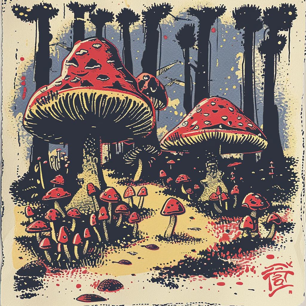 mushrooms  trees  forest  nature  poster  colorful  botanical  fantasy  flora  art 938324
