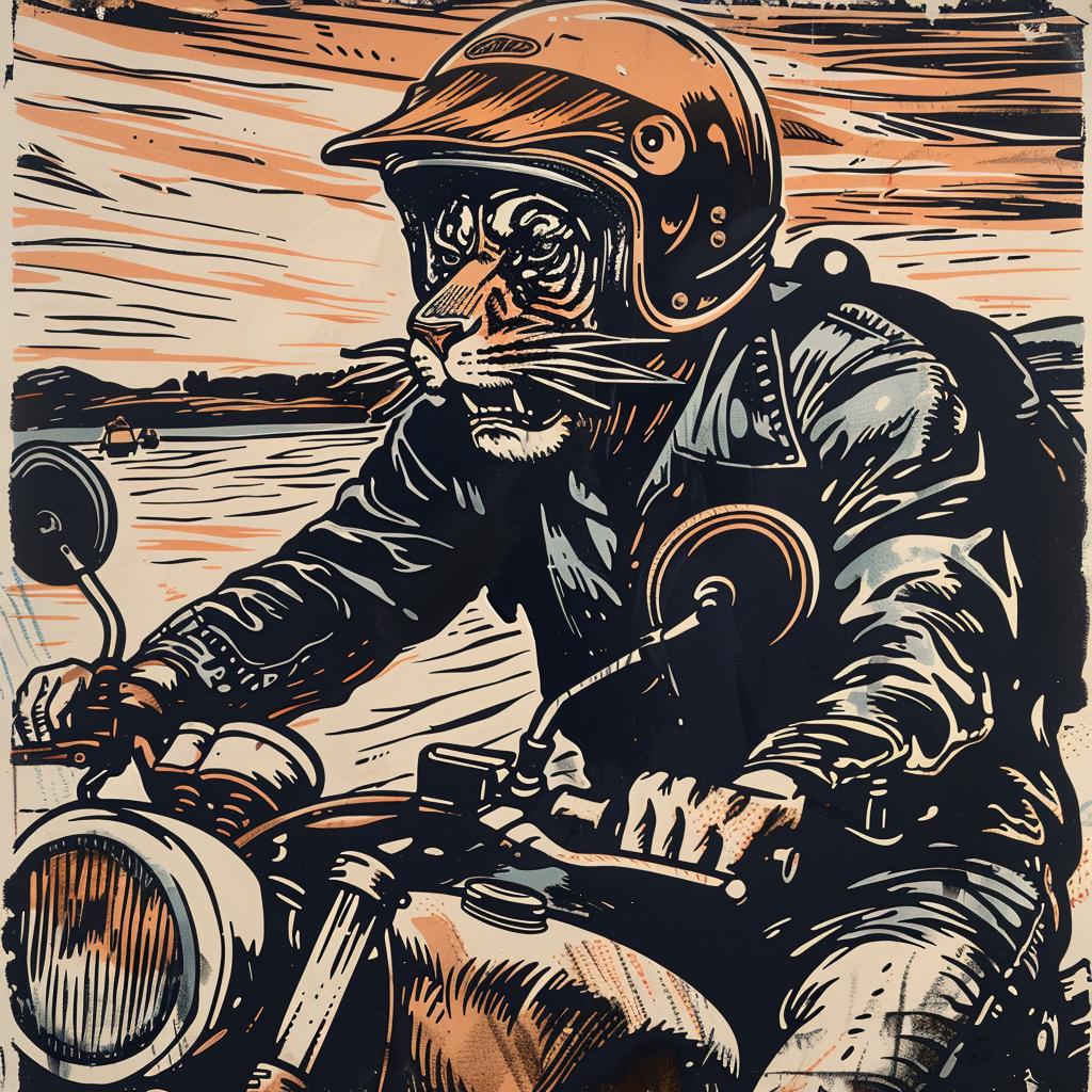 tiger  motorcycle  anthropomorphic  poster  stylized  fun  vintage  helmet  wildlife  adventure 1025871