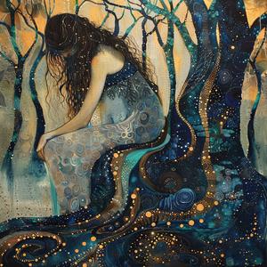 Art Nouveau  Surrealism  pointillism  mystical  woods  woman  gold  indigo  teal  ambiance 1077180