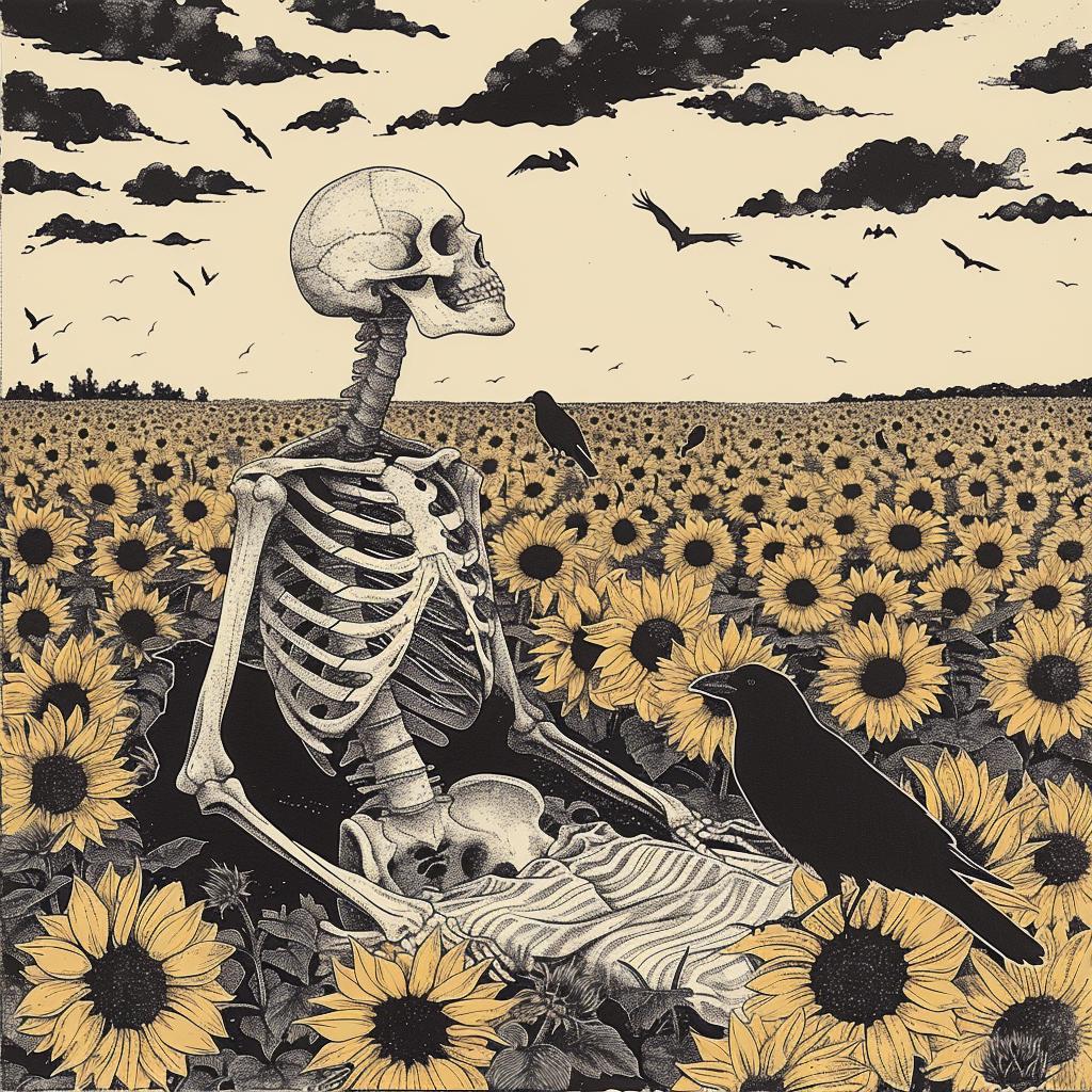 album  cover  skeleton  sunflowers  crows  surreal  screenprinting  Toshio  Saeki  art 960897
