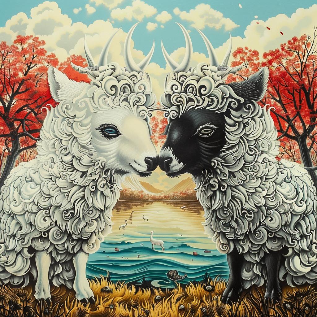 mythical  creature  hybrid  sheep  lake  kissing  romantic  surreal  nature  whimsical 941369