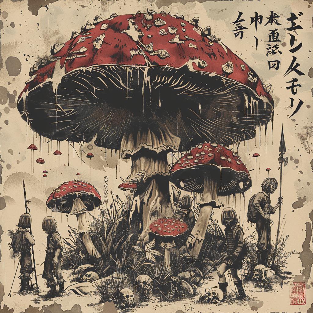 mushrooms  skull  kingdom  poster  Japanese  artwork  cluster  spores  nature  design 1036271