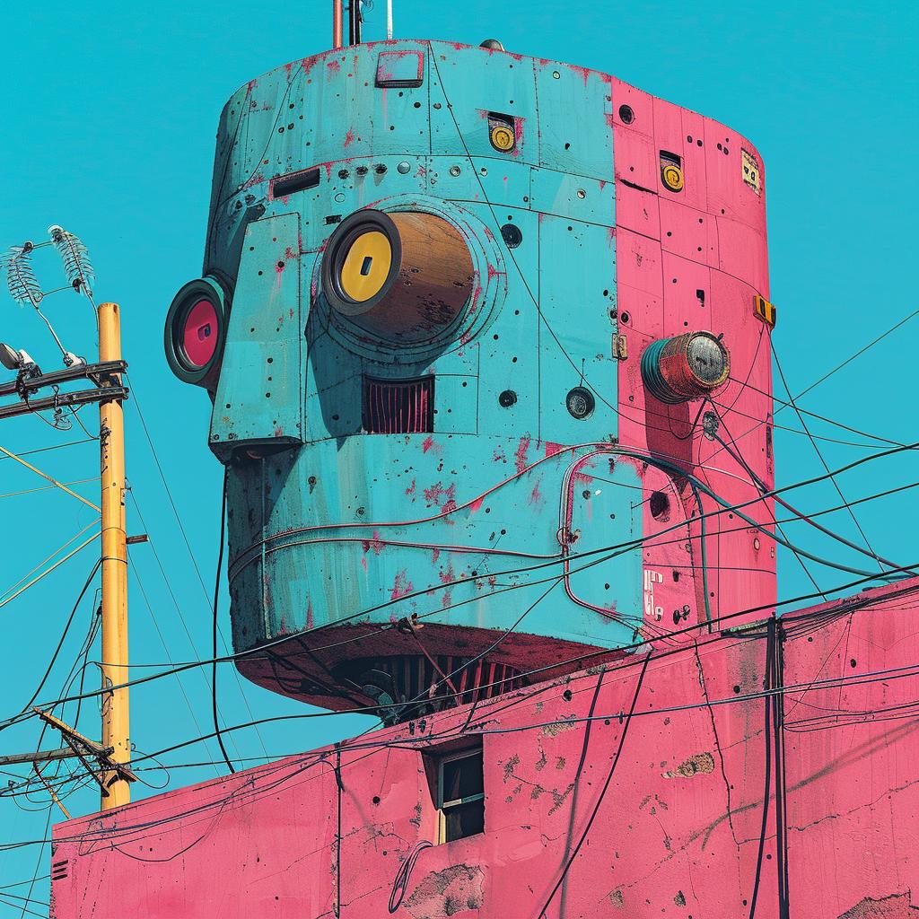 surreal  album  cover  hyper-realistic  screenprinting  robot  building  head  Os  Gemeos 960256