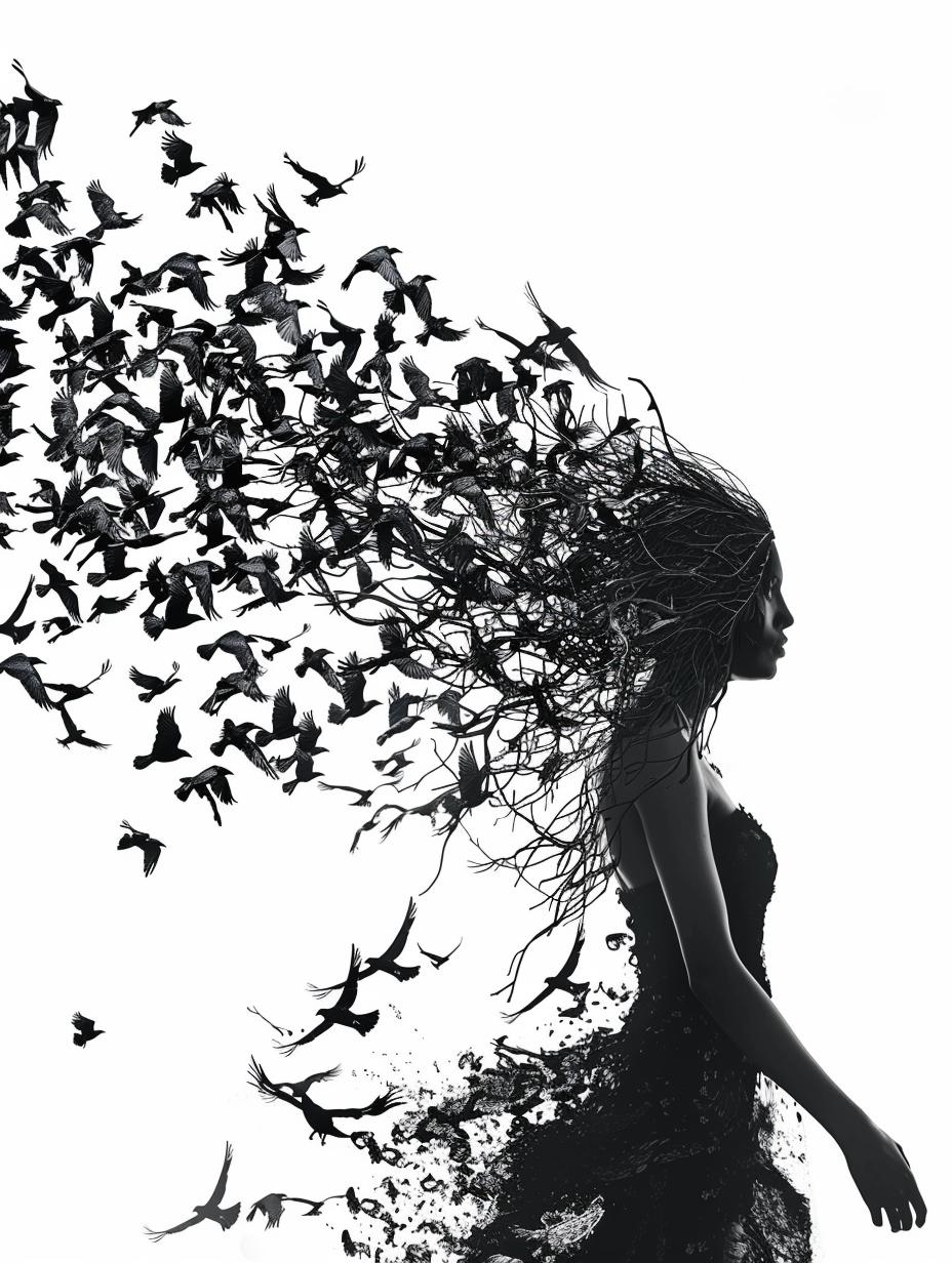 ravens  silhouette  woman  dress  swarm  flying  mysterious  dark  birds  shape 953852