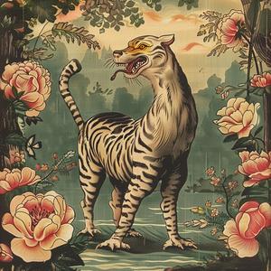 نمر، منظر طبيعي، أزهار، نابض بالحياة، لون حجري، طبيعة، فن، رسم توضيحي، حياة برية، ملون 1057948