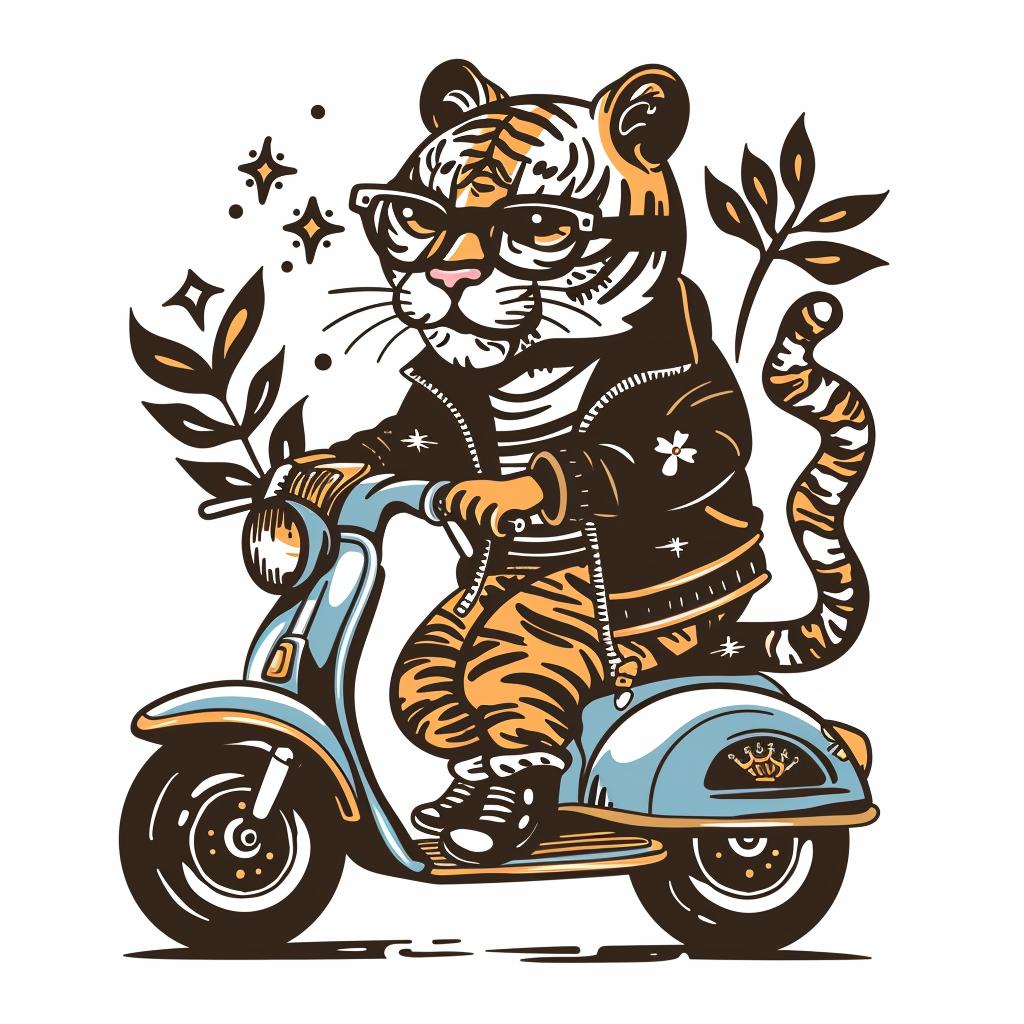 tiger  scooter  suit  animal  humor  playful  artwork  colorful  whimsical  dynamic 943462