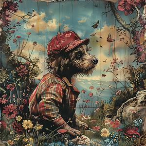 dog  hat  fence  painting  colorful  whimsical  charming  nature  canine  illustration 1050454