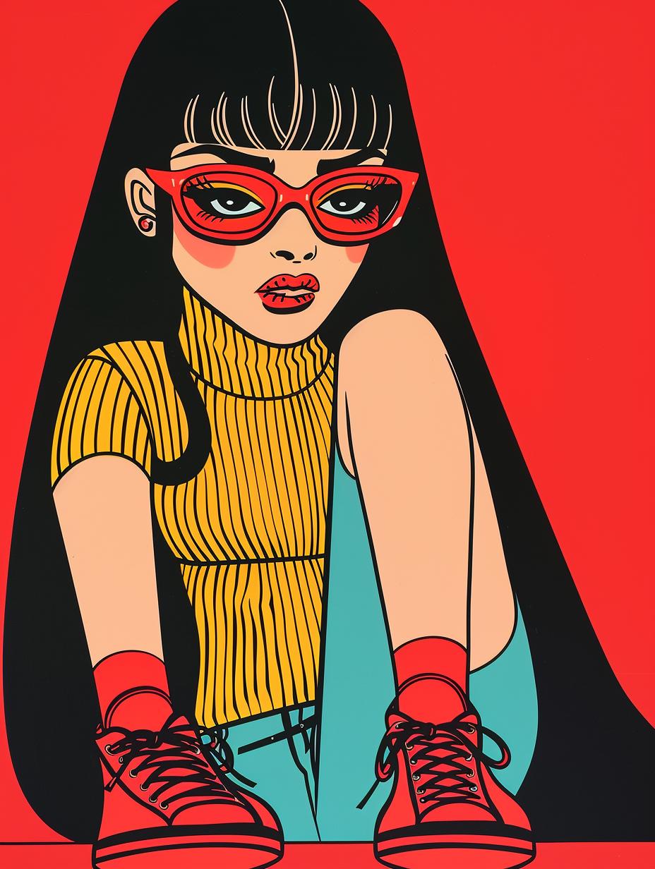woman  sitting  criss-cross  pop-art  illustration  glasses  full-body  vibrant  colorful  playful 943756