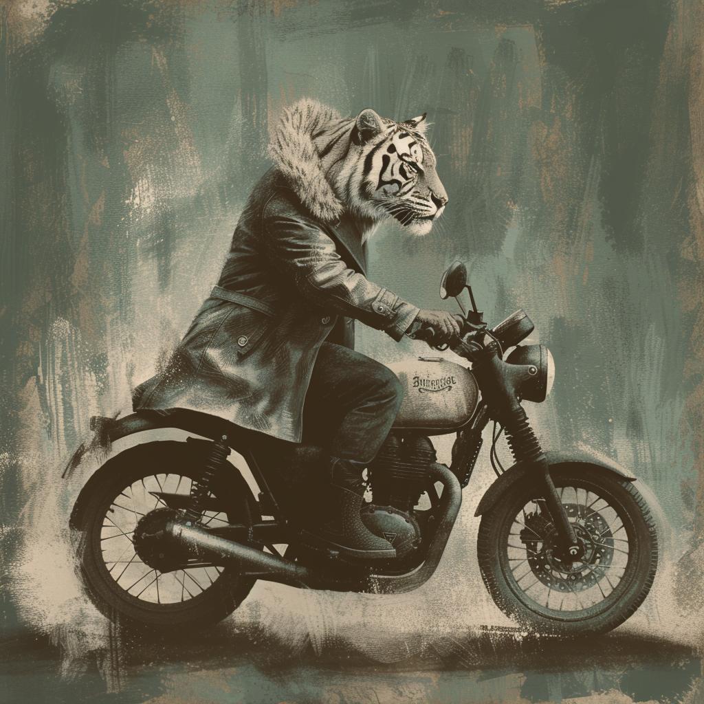 tiger  motorcycle  vintage  stylized  humorous  whimsical  dynamic  animal  adventure  trenchcoat 1021624