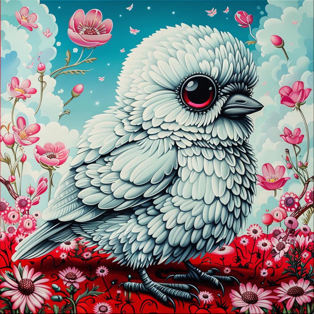 white  raven  kawaii  flowers  red  eyes  painting  cute  background  vibrant 1033408