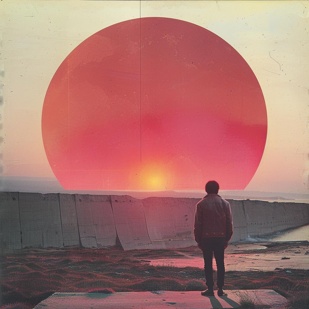 album  cover  1980s  synthwave  trippy  geometric  man  large  red  sun 960793
