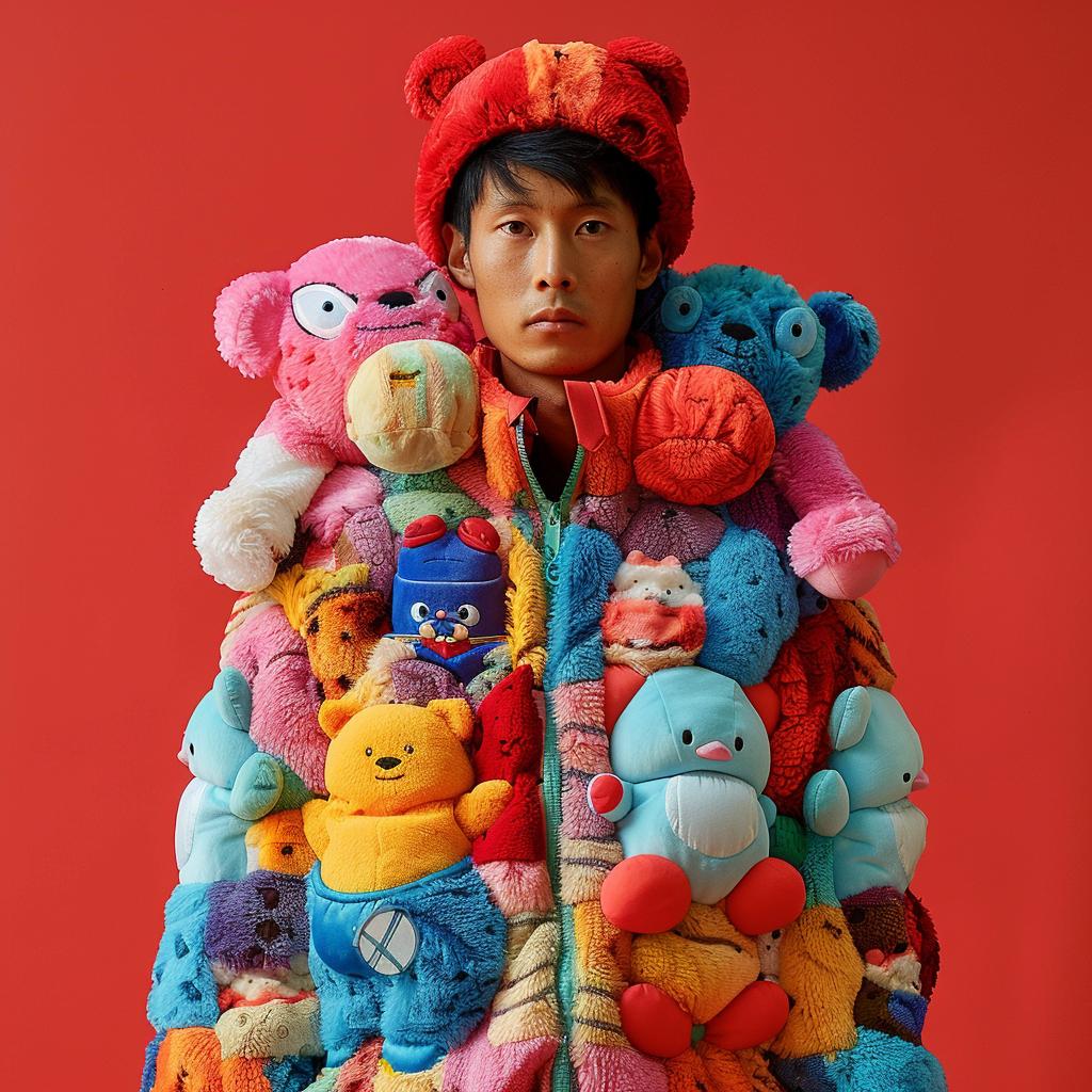 man  jacket  stuffed  animals  playful  colorful  fashion  whimsical  vibrant  creative 967631