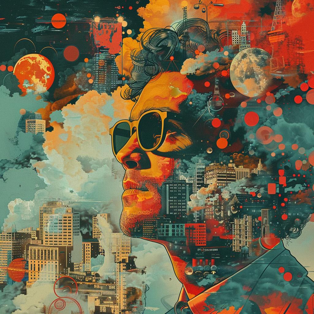 غلاف ألبوم سريالي، رجل، نظارة شمسية، أفق مدينة، رسم توضيحي لفن حضري، رقم 976152