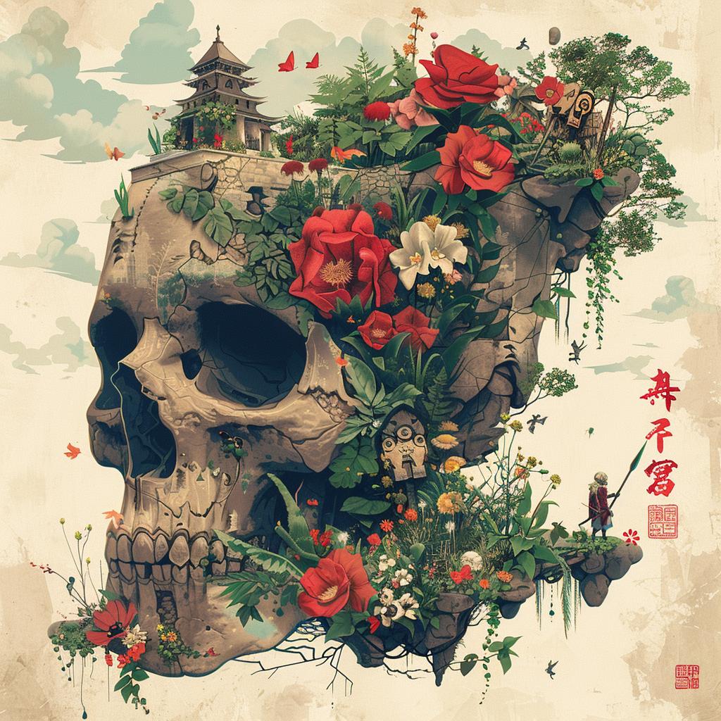 skull  flowers  plants  intertwined  Japanese  nature  silhouette  cluster  decorative  visual 1036278