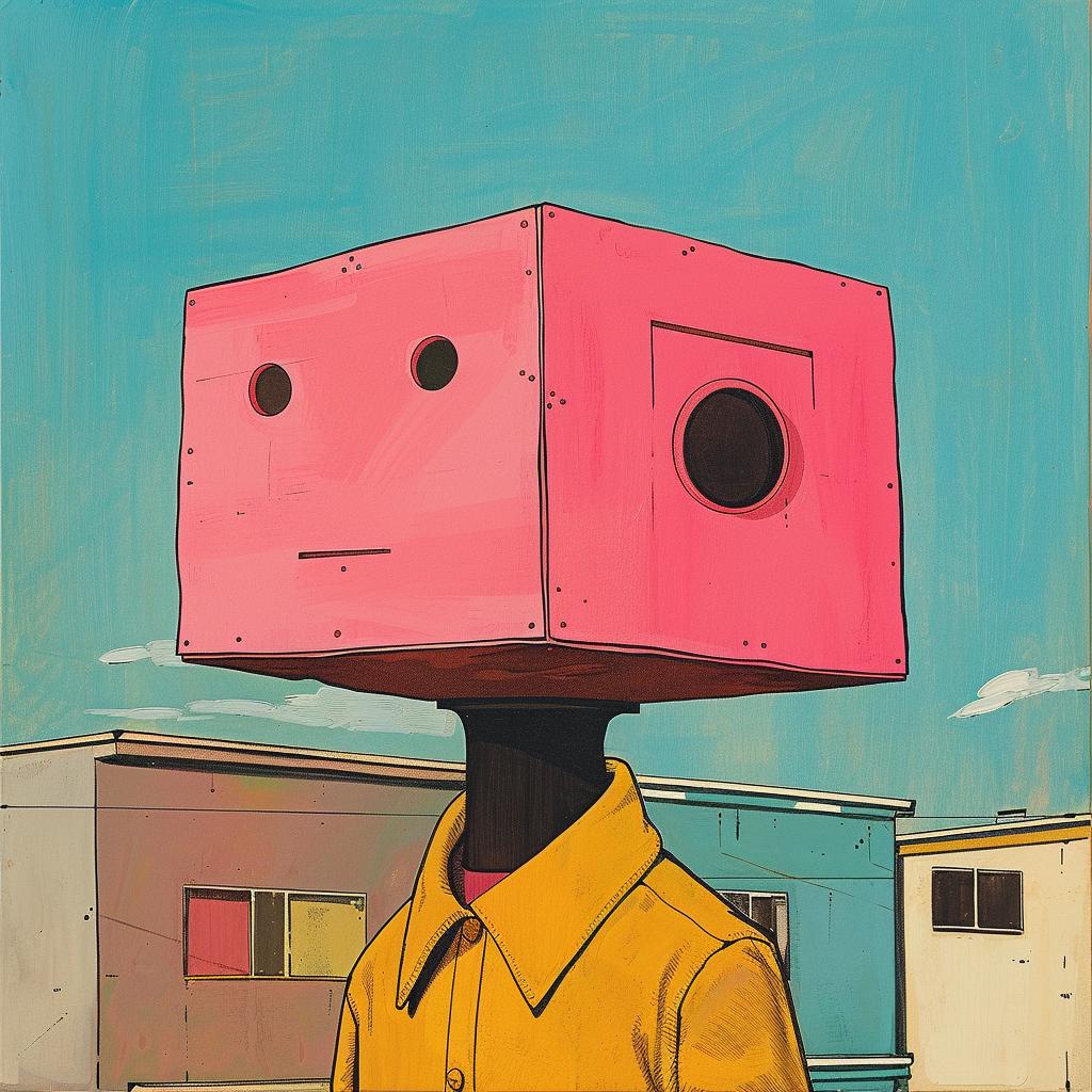 غلاف ألبوم سريالي، رسم رأس صندوق، شخص مبدع، فن ملون ومرح، 978478