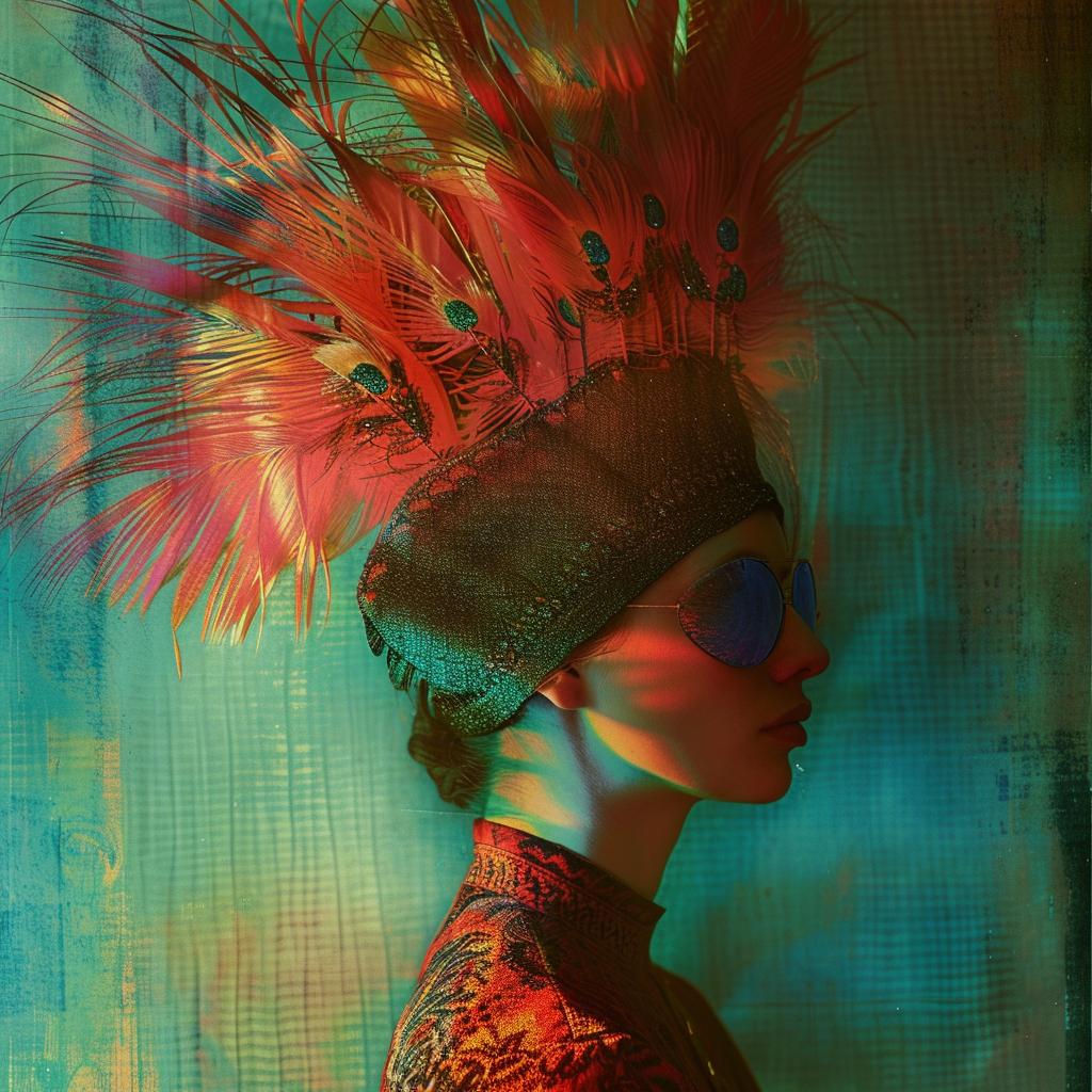 surreal  album  cover  woman  colorful  headdress  feathers  lighting  art  unique 976172
